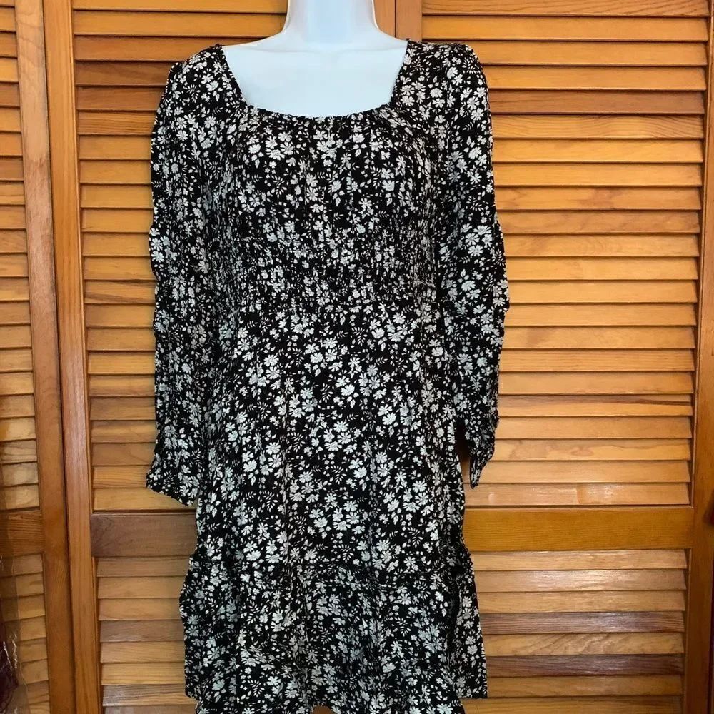 Ditsy Boho black floral mini dress with elastic waist long sleeve